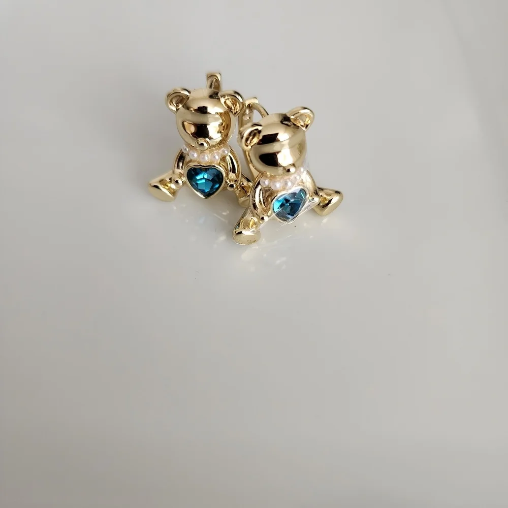 Gold Plated Teddy Bear Hoops with Blue Heart Cz